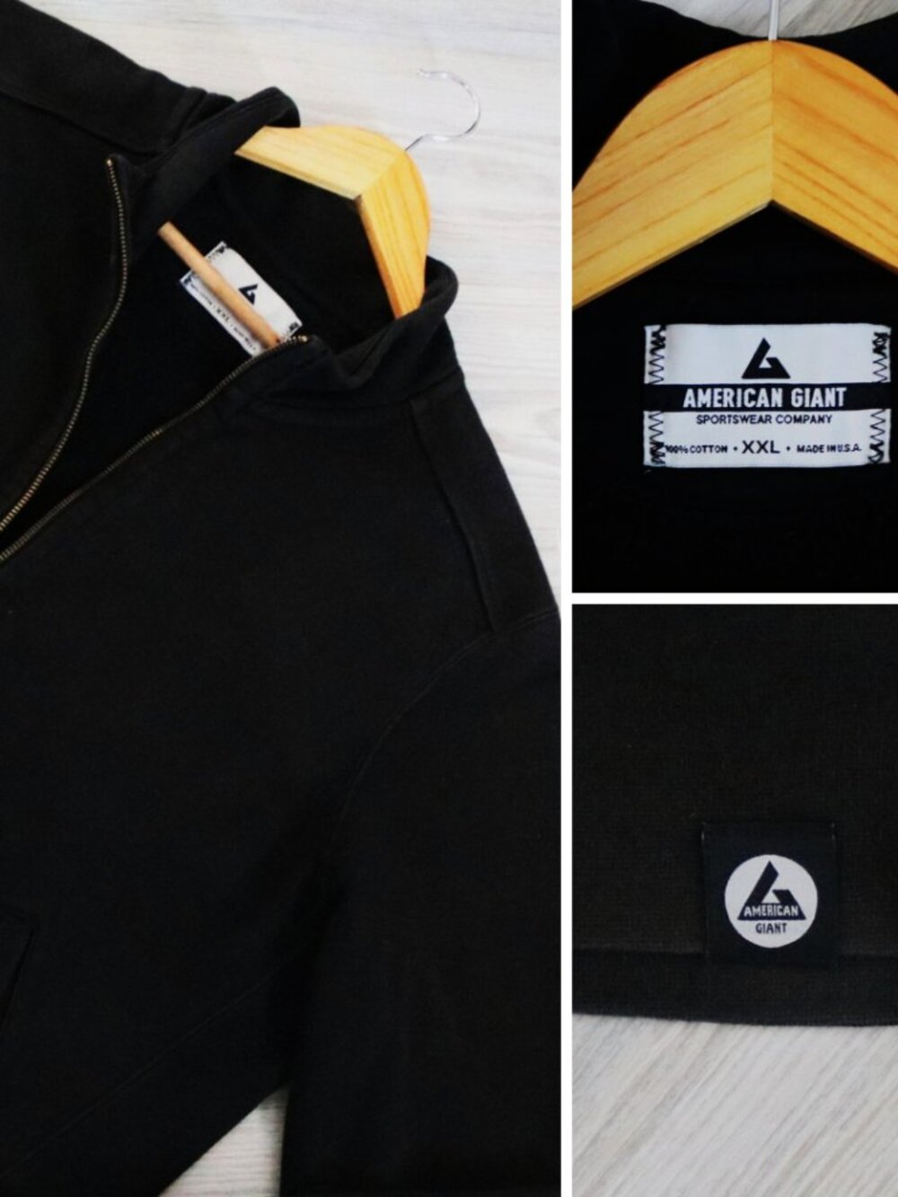 American Giant Men's Moto Black Heavy Fleece Jacket Distressed Made USA Size 2XL